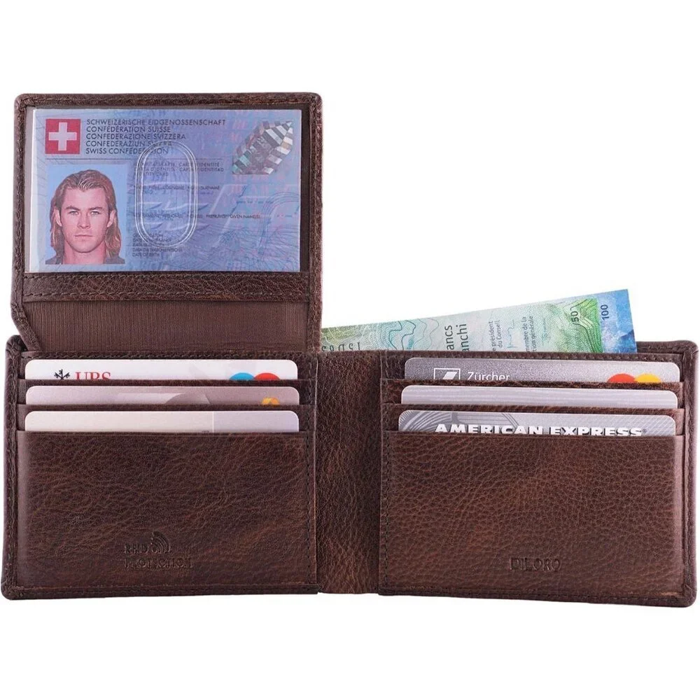 Men's Gemini Brown Travel Leather Bifold Wallet Card Top Slip Flip Pockets